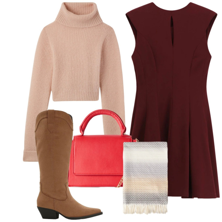 Outfit donna - La borsetta chic. Stile Chic per Tutti i giorni. Abbinamento con stivali, maglieria, borse a tracolla, vestiti corti, sciarpe.