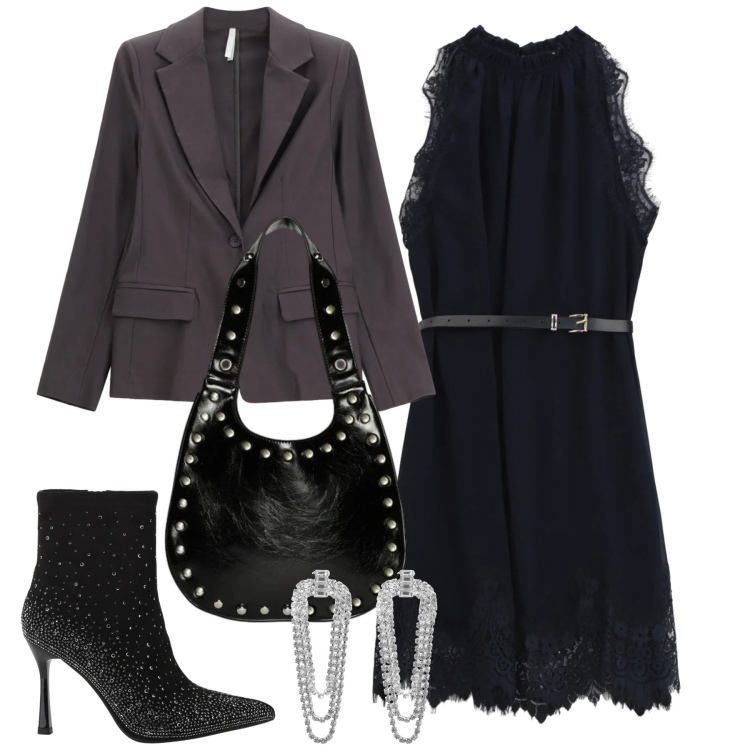 Outfit donna - Serata total look. Stile Chic per Serata fuori. Abbinamento con orecchini, vestiti corti, blazer, stivaletti, borse a spalla.