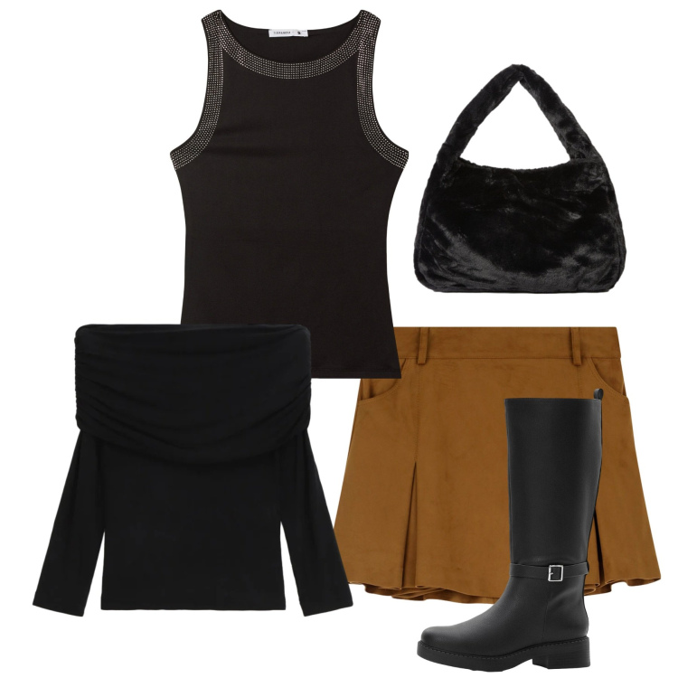 Outfit donna - Total look. Stile Chic per Tutti i giorni. Abbinamento con stivali, canottiere, minigonne, maglieria, borse a spalla.