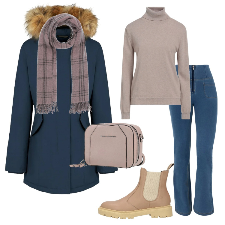 Outfit donna - Total look #2316013. Stile Casual chic per Tutti i giorni. Abbinamento con sciarpe, maglieria, marsupi, stivaletti chelsea, jeans, parka.