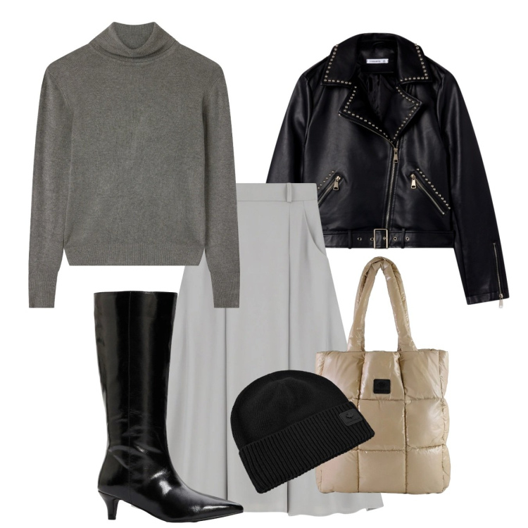 Outfit donna - Sofisticatamente rock. Stile Rock per Tutti i giorni. Abbinamento con stivali, maglieria, giacche, gonne lunghe, shopping bag, berretti.