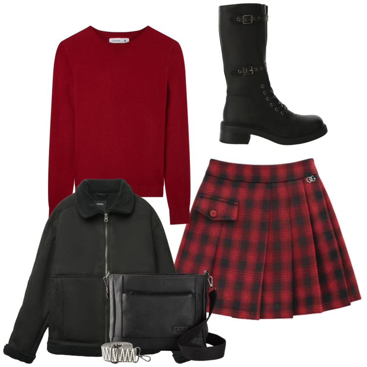 Outfit donna - Total red and black. Stile Rock per Tutti i giorni. Abbinamento con borse a tracolla, maglieria, giacche, minigonne, stivali.