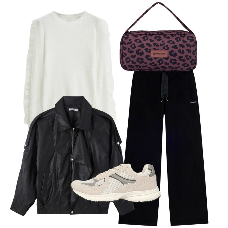 Outfit donna - Total basic. Stile Basic per Scuola/Università. Abbinamento con giacche, sneakers, maglieria, pantaloni, borse a spalla.