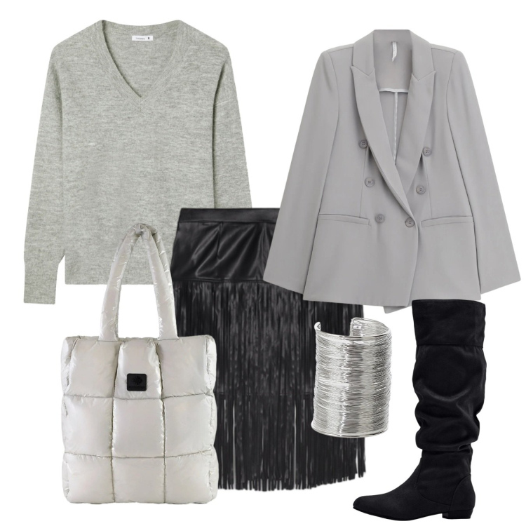Outfit donna - Lady grey. Stile Chic per Serata fuori. Abbinamento con stivali, maglieria, braccialetti, blazer, shopping bag, minigonne.