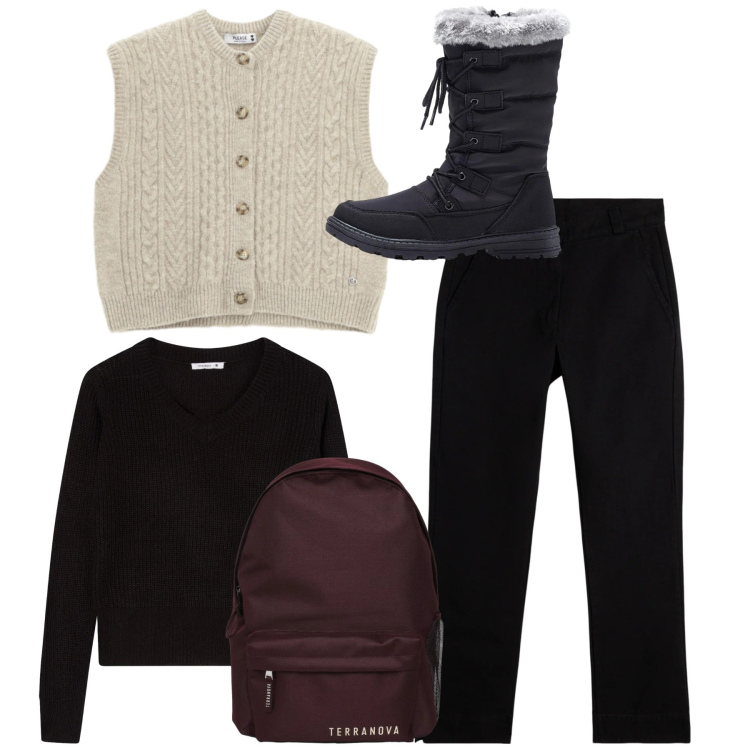 Outfit donna - Total look. Stile Basic per Scuola/Università. Abbinamento con stivaletti, maglieria, zaini, gilet, pantaloni.