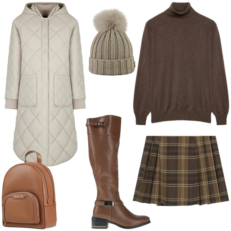 Outfit donna - Preppy girl. Stile Preppy per Scuola/Università. Abbinamento con stivali, zaini, minigonne, piumini, berretti, maglieria.