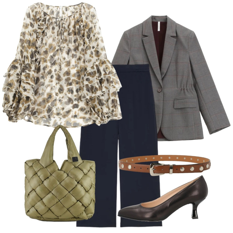 Outfit donna - Oggi a pranzo fuori. Stile Chic per Tutti i giorni. Abbinamento con décolleté, camicie, blazer, cinture, borse tote, pantaloni.