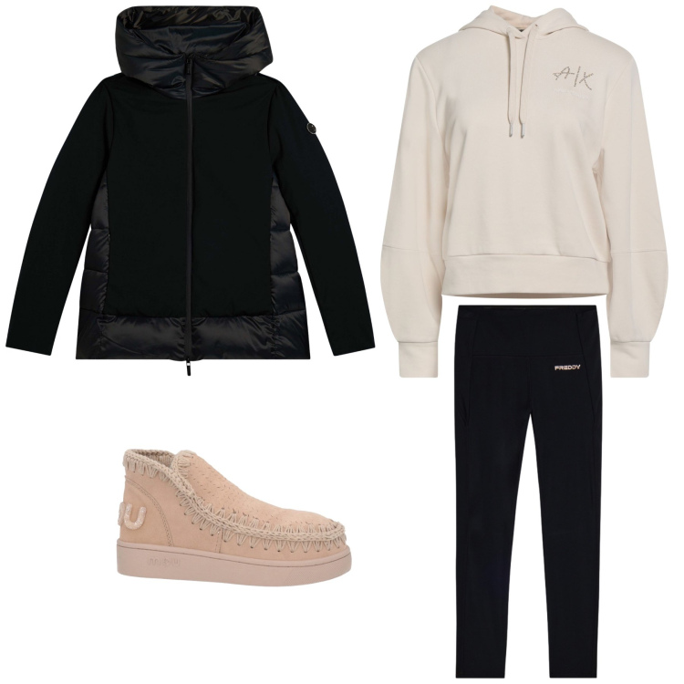 Outfit donna - Total look #2316043. Stile Casual per Sport. Abbinamento con stivaletti, felpe con cappuccio, piumini, leggings.