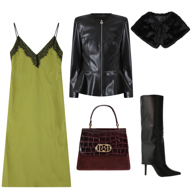 Outfit donna - Una serata importante. Stile Glamour per Serata fuori. Abbinamento con vestiti midi/longuette, stivali, giacche, borse a mano, stole.