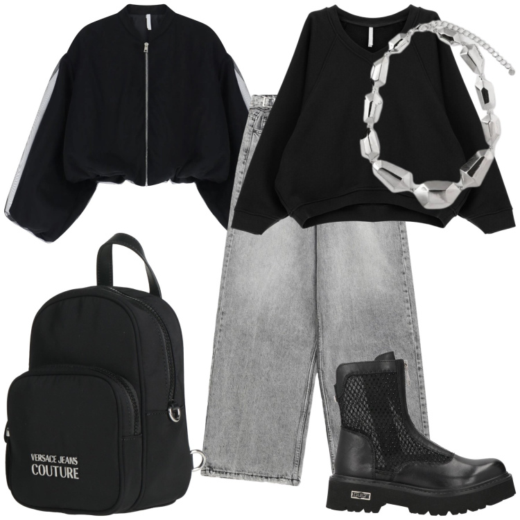 Outfit donna - Sportiva ma con collana. Stile Casual chic per Tutti i giorni. Abbinamento con stivaletti, zaini, jeans, felpe, bomber, ciondoli.