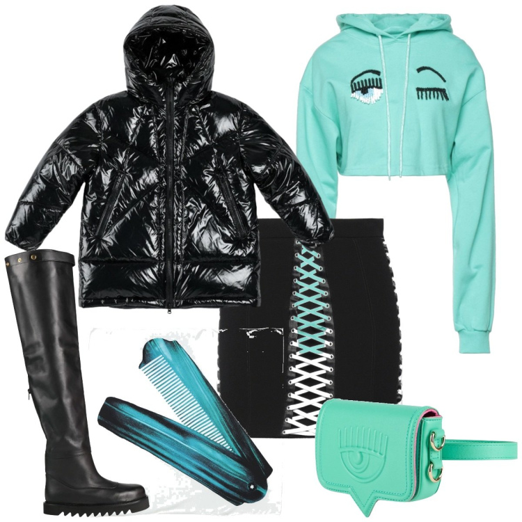 Outfit donna - Piumino iconico. Stile Glamour per Tutti i giorni. Abbinamento con minigonne, stivali, felpe con cappuccio, sciarpe, marsupi, piumini.