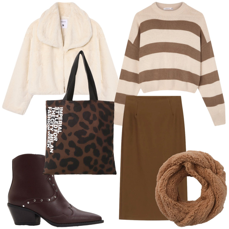 Outfit donna - Total look. Stile Urban per Tutti i giorni. Abbinamento con stivaletti texani, maglieria, sciarpe, ecopellicce, gonne longuette, shopping bag.