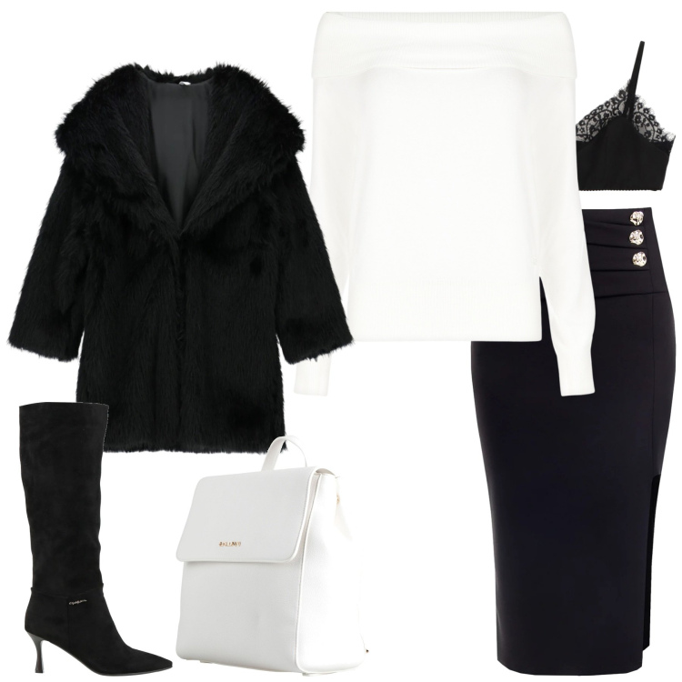 Outfit donna - Contrasti di Charme Metropolita. Stile Urban per Serata fuori. Abbinamento con zaini, stivali, cappotti, bralette, maglieria, gonne longuette.