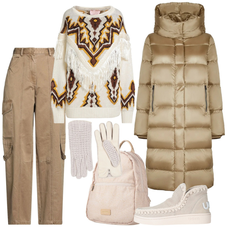 Outfit donna - In caso di neve. Stile Casual per Tutti i giorni. Abbinamento con stivaletti, pantaloni cargo, zaini, guanti, pullovers, cappotti.