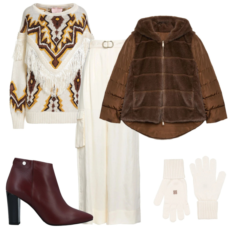 Outfit donna - Knitwear oversize. Stile Casual chic per Serata fuori. Abbinamento con stivaletti, guanti, pantaloni, pullovers, ecopellicce.