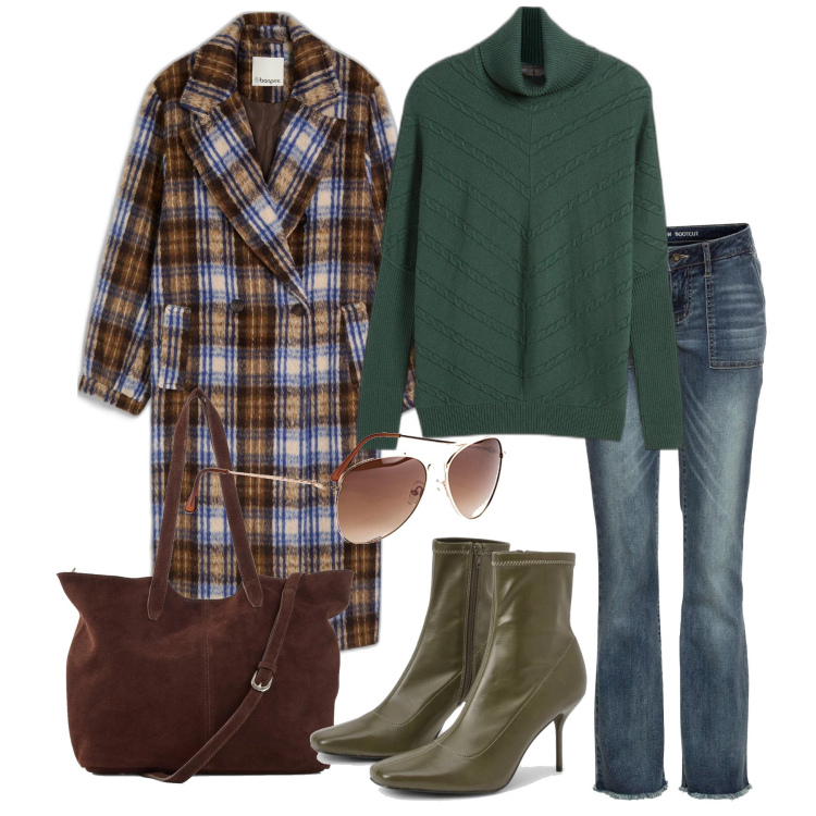 Outfit femme - Janvier. Style Casual chic pour Tous les jours. Assortir avec pulls, jean bootcut, lunettes de soleil, sac cabas, manteaux, bottines.