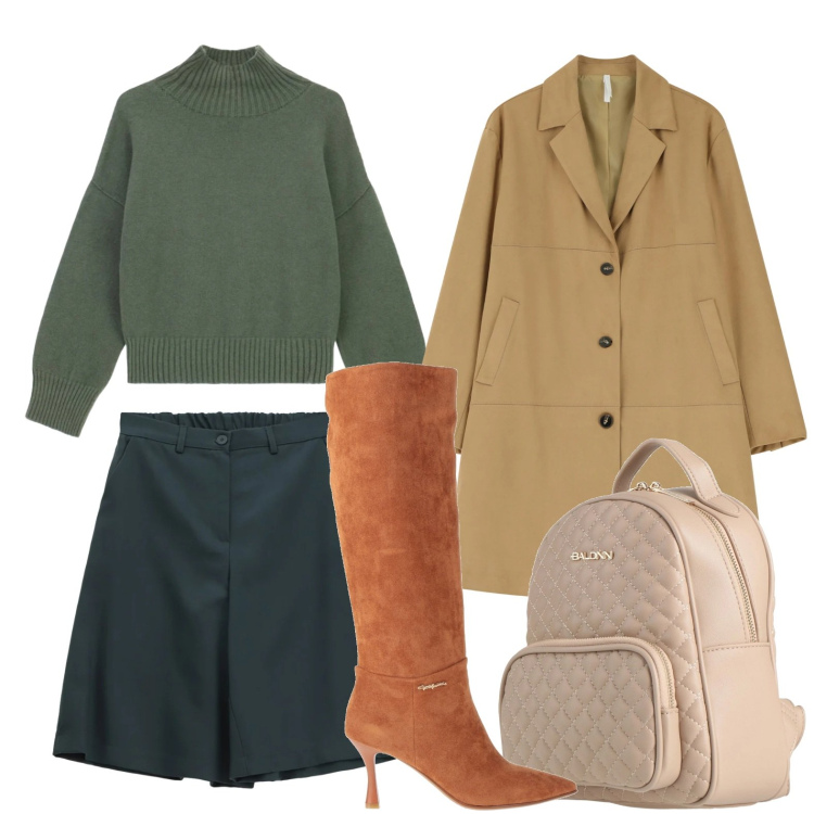 Outfit donna - Gennaio glam. Stile Chic per Ufficio. Abbinamento con stivali, zaini, shorts, cappotti, maglieria.