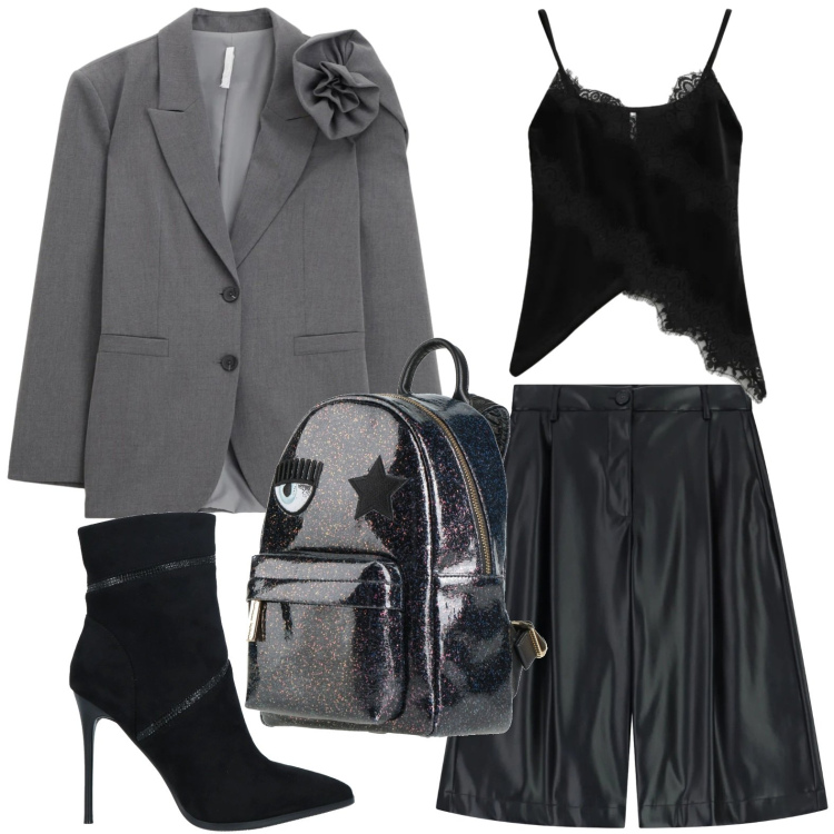 Outfit donna - Look serale. Stile Glamour per Serata fuori. Abbinamento con stivaletti, zaini, blazer, bermuda, top.