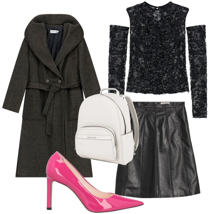 Outfit donna - Il cappotto must have. Stile Glamour per Ufficio. Abbinamento con gonne, décolleté, zaini, cappotti, top.