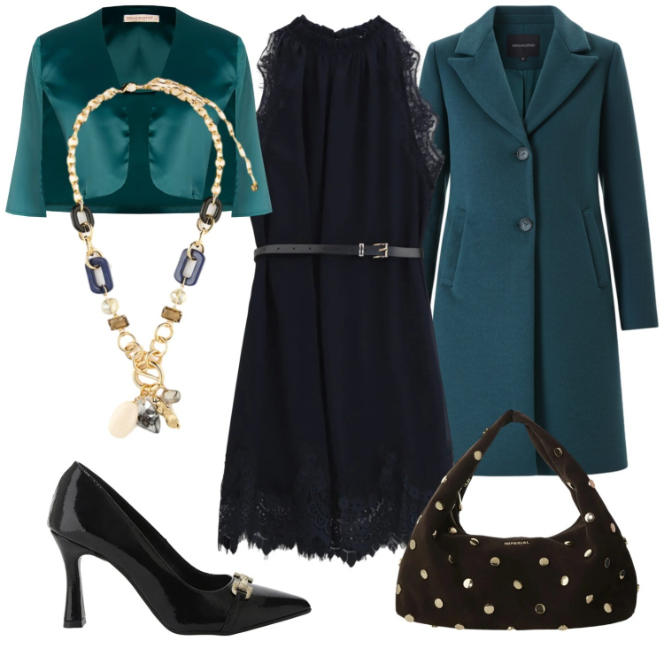 Outfit donna - Al matrimonio. Stile Glamour per Cerimonia. Abbinamento con vestiti corti, décolleté, borse a spalla, cappotti, bolero, collane.