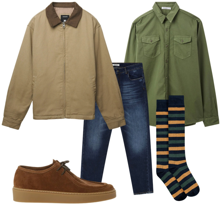 Outfit uomo - Total look #2316168. Stile Trendy per Tutti i giorni. Abbinamento con cappotti, camicie, jeans dritti, scarpe stringate, calzini.