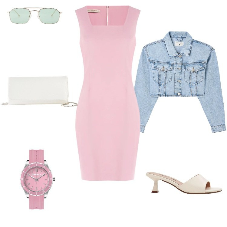 Outfit donna - Clessidra "X". Stile Casual per Tutti i giorni. Abbinamento con ciabatte, pochette, blazer, occhiali da sole, orologi, vestiti a tubino.