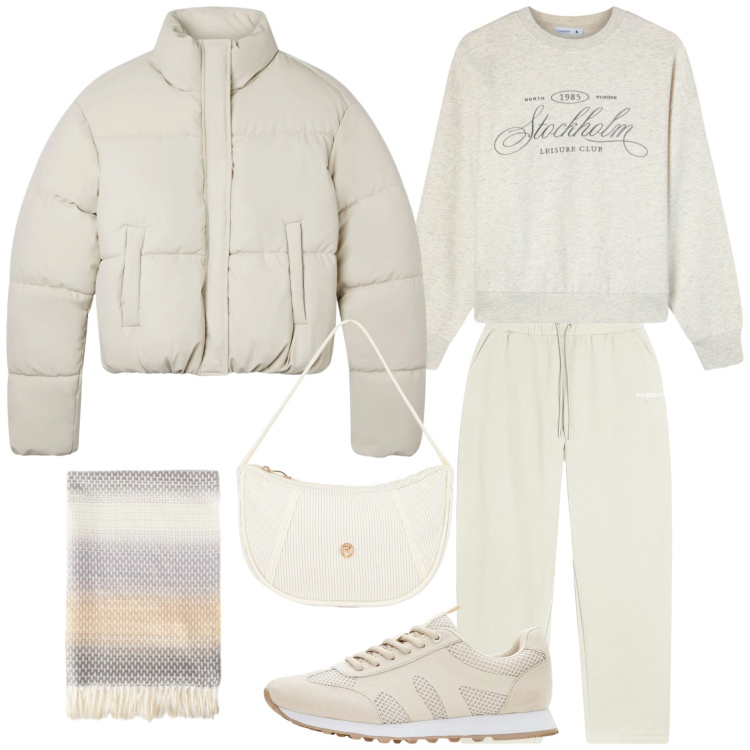 Outfit donna - Avorio relax. Stile Casual per Tutti i giorni. Abbinamento con sneakers, felpe, bomber, pantaloni sportivi, borse a mano, sciarpe.