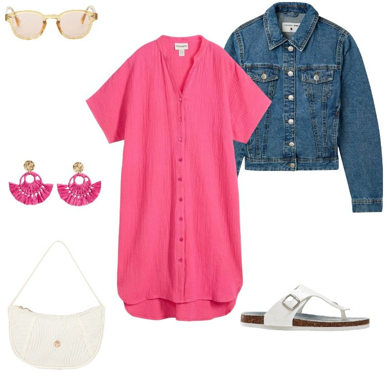 Outfit donna - Ovale/Diamante "0". Stile Casual per Mare. Abbinamento con infradito, vestiti chemisier, orecchini, blazer, occhiali da sole, borse a mano.