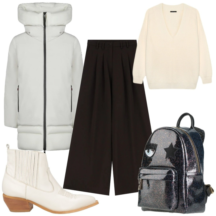 Outfit donna - Wrapped in Style :piumino black & white. Stile Trendy per Tutti i giorni. Abbinamento con zaini, stivaletti chelsea, pantaloni, piumini, maglieria.