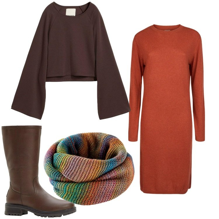 Outfit donna - Easy. Stile Casual per Tutti i giorni. Abbinamento con foulard, cappe, stivali, vestiti midi/longuette.
