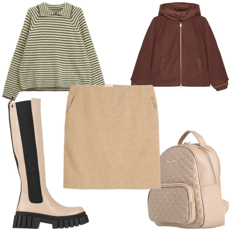 Outfit donna - Minigonna e stivali 70s. Stile 70s per Tutti i giorni. Abbinamento con gonne, stivali, zaini, maglieria, bomber.