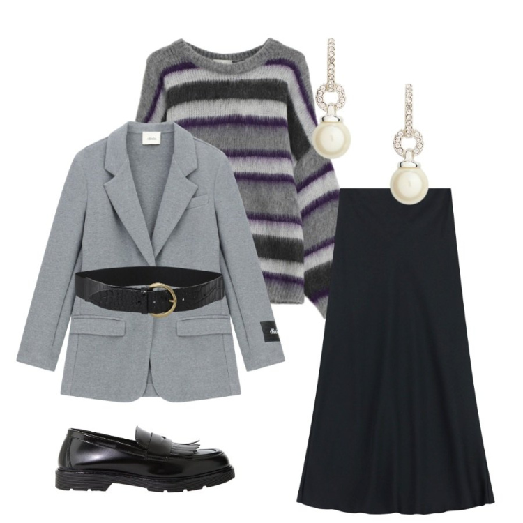 Outfit donna - Urban Lady in Dixie. Stile Casual chic per Tutti i giorni. Abbinamento con orecchini, blazer, maglieria, mocassini, cinture, gonne lunghe.