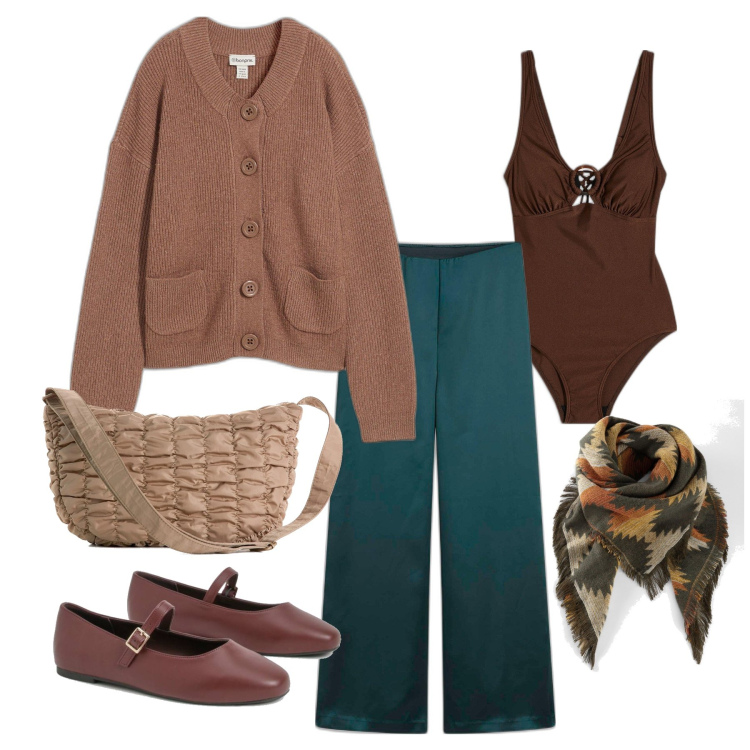Outfit femme - Janvier. Style Casual pour Tous les jours. Assortir avec robes, pantalon large en bas, pulls, foulards, sac cabas, ballerines.
