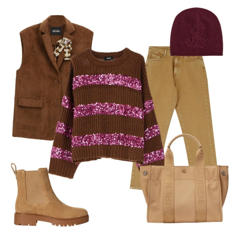 Outfit donna - Luci e paillettes d\'inverno. Stile Boho per Tutti i giorni. Abbinamento con maglieria, gilet, pantaloni, stivaletti chelsea, borse tote, berretti.