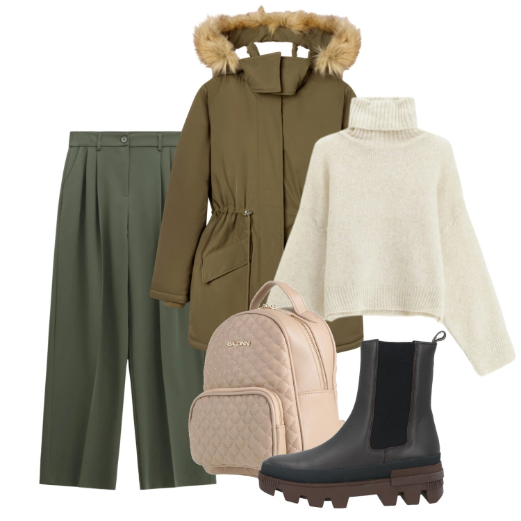 Outfit donna - Confortevole sotto la neve - Focus Donna. Stile Bon Ton per Tutti i giorni. Abbinamento con stivaletti chelsea, zaini, parka, maglieria, pantaloni a palazzo.