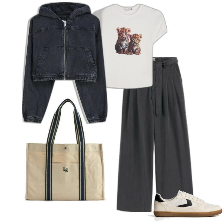 Outfit mujer - Basic #150. Estilo Basic para Todos los días. Combinación con sneakers, bolso tote, camiseta, blazers, pantalones.
