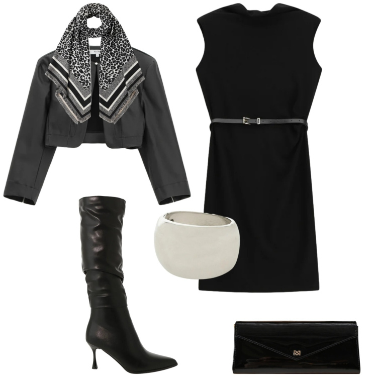 Outfit donna - Total look #2316214. Stile Glamour per Serata fuori. Abbinamento con blazer, stivali sopra il ginocchio, braccialetti, vestiti corti, pochette, sciarpe.