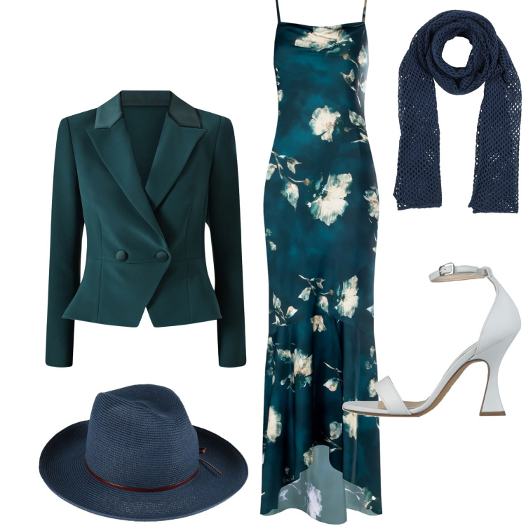 Outfit donna - Total look #2316218. Stile Glamour per Cerimonia. Abbinamento con cappelli, sciarpe, sandali in pelle, vestiti lunghi, blazer.