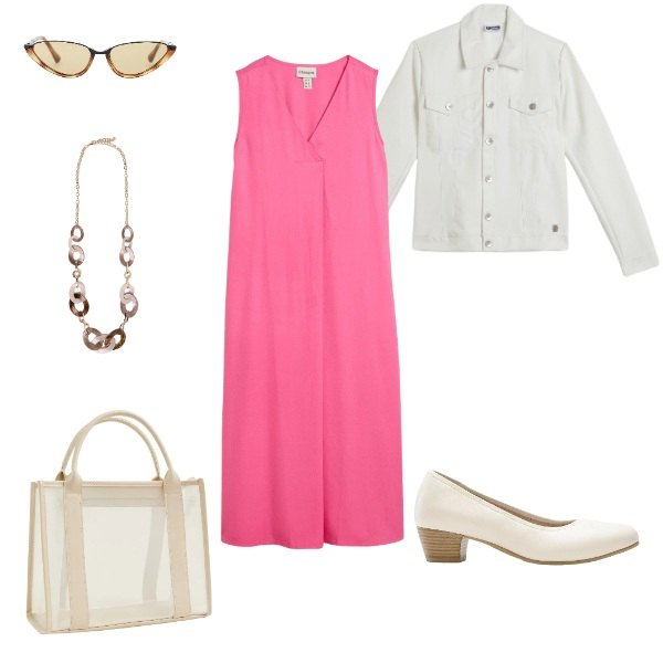 Outfit donna - Rotonda/Plus size. Stile Urban per Tutti i giorni. Abbinamento con vestiti, décolleté, borse tote, occhiali da sole, giacche, collane.