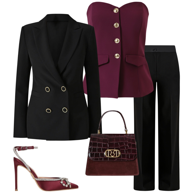 Outfit donna - Serata evento. Stile Chic per Serata fuori. Abbinamento con décolleté, top, blazer, pantaloni a palazzo, borse a mano.