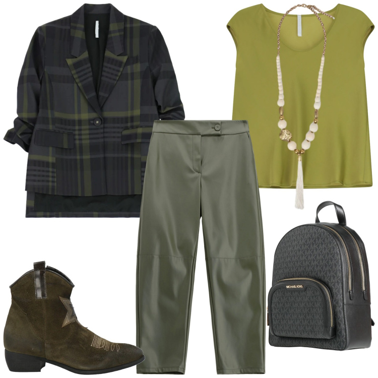 Outfit donna - Total look #2316237. Stile Urban per Tutti i giorni. Abbinamento con stivaletti texani, zaini, pantaloni, blazer, top, ciondoli.