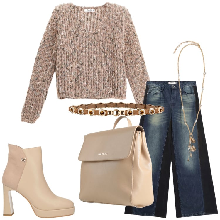 Outfit donna - Total look #2316242. Stile Romantica per Tutti i giorni. Abbinamento con stivaletti, zaini, maglieria, jeans a zampa, cinture, ciondoli.