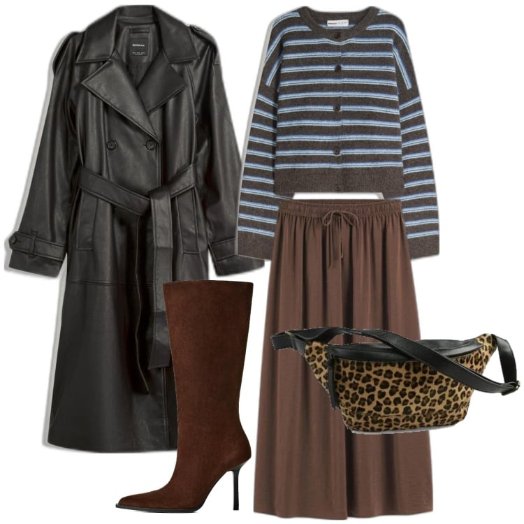 Outfit mujer - Casual chic #418. Estilo Casual chic para Oficina. Combinación con trench, faldas, cárdigans, botas, riñoneras.