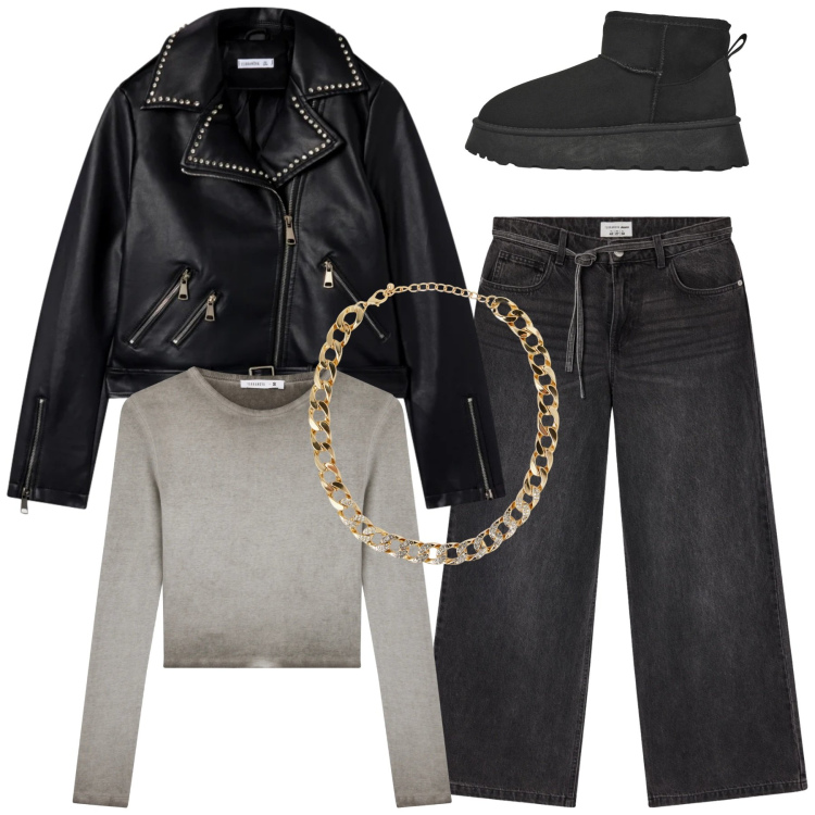 Outfit donna - Total look #2316252. Stile Basic per Scuola/Università. Abbinamento con t-shirt, jeans, collane, stivaletti, giacche.