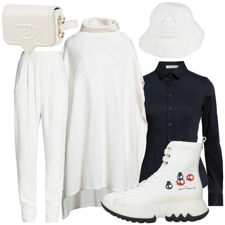 Outfit donna - Bianco morbido. Stile Minimal per Tutti i giorni. Abbinamento con stivaletti, cappotti, camicie, pantaloni, marsupi, cappelli.
