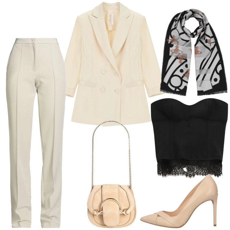 Outfit donna - Total look #2316264. Stile Glamour per Cerimonia. Abbinamento con pantaloni, marsupi, décolleté, sciarpe, top, blazer.