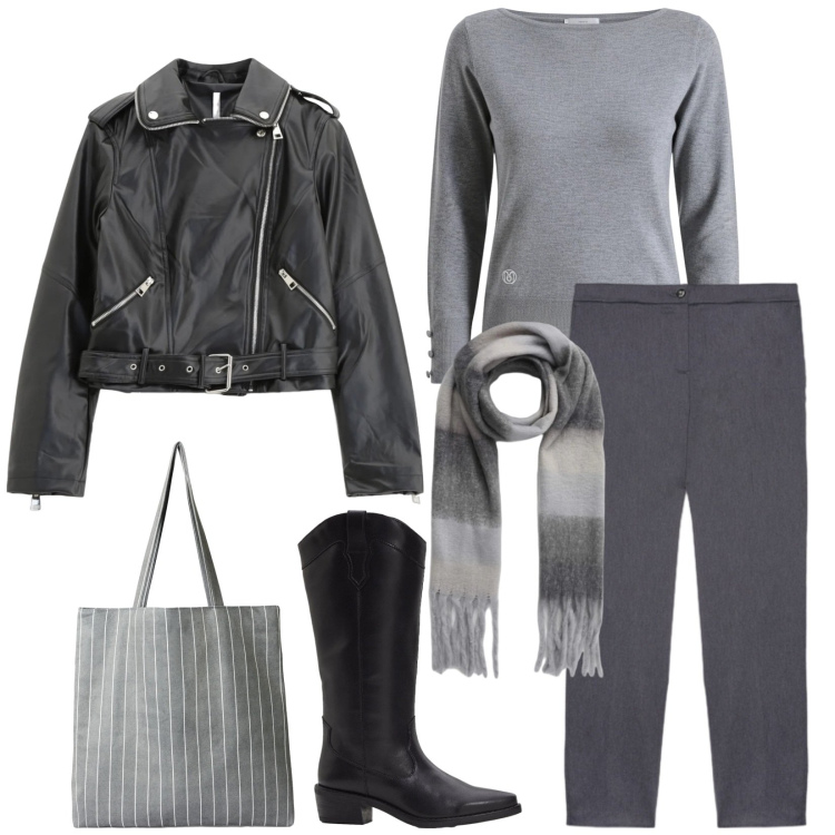 Outfit donna - Total look #2316267. Stile Urban per Tutti i giorni. Abbinamento con stivali, sciarpe, shopping bag, giacche, maglieria, pantaloni chino.