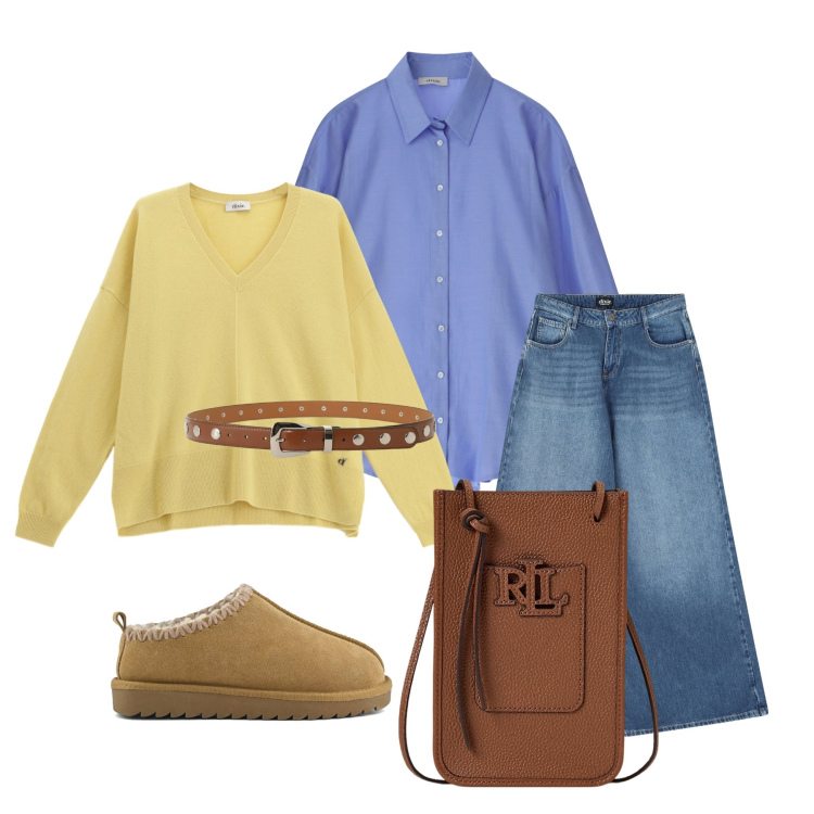 Outfit donna - Soft blue & Lemon. Stile Glamour per Tutti i giorni. Abbinamento con cinture, borse a tracolla, jeans, maglieria, camicie, sabot.