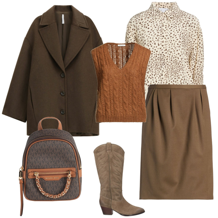 Outfit donna - Total look #2316275. Stile Chic per Ufficio. Abbinamento con minigonne, zaini, camicie, pullovers, stivali, cappotti.