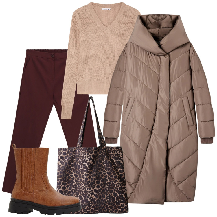 Outfit donna - Confortevole sotto la neve - Focus Donna. Stile Bon Ton per Tutti i giorni. Abbinamento con stivaletti chelsea, cappotti, maglieria, shopping bag, pantaloni.